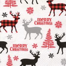 Serviette Weihnachten Hirsch, Tannenbaum und Schneeflocken in den Farben weiß, schwarz und rot, 20 Stück, 33*33cm