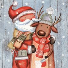 Serviette Weihnachtsmann umarmt Rentier im Comicstil, 33*33 cm, 20 Stück
