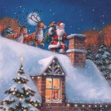 Serviette Weihnachtsmann auf Hausdach mit Rentieren, 33*33 cm, 20 Stück