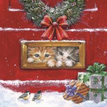 Serviette Weihnachten 2 Kätzchen, die aus einem Briefkastenschlitz in die Winterlandscahft gucken 20 Stück, 33*33cm
