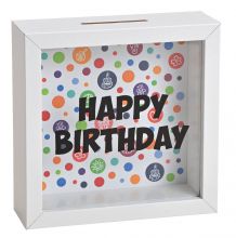 Spardose Happy Birthday, weißer Holzrahmen und Glasfront, 15*15*5 cm